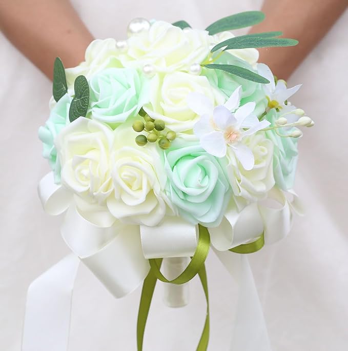 Lightweight Bridal Wedding Bouquet Round Holding Bouquet Throw Toss Artificial Rose Flower Bunch for Bride Bridesmaid Wedding Quinceanera (Cream & Light Cyan, 9.1")