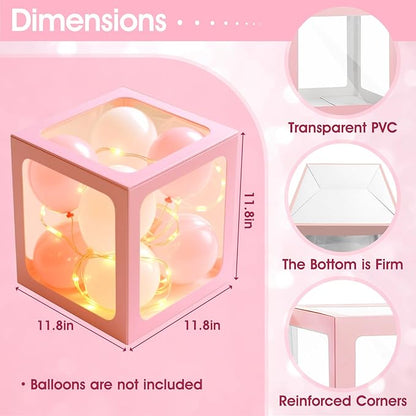 Ledido Baby Boxes with Letters for Baby Shower Decoration, 4 pcs Clear Baby Balloon Boxes Blocks with LED Fairy String Lights 38 Balloons for Boy Girl Gender Reveal Birthday Party (Pink)
