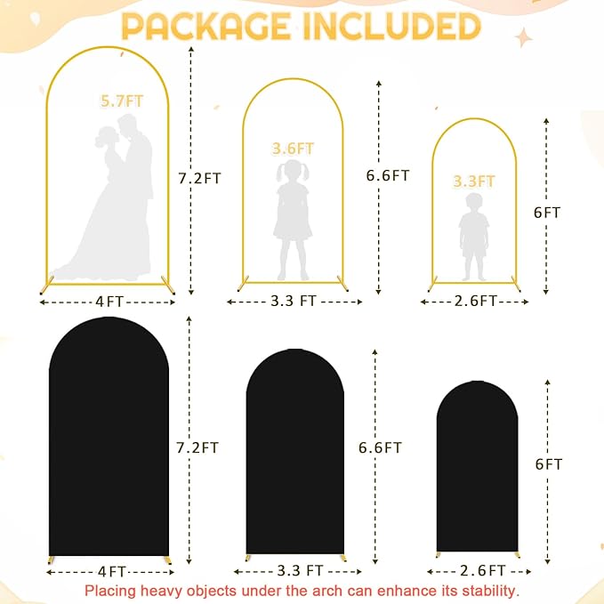 FUHSY Metal Arch Backdrop Stand and Cover Set - 6FT, 6.6FT, 7.2FT - Black - Wedding, Baby Shower, Party - Metal & Spandex