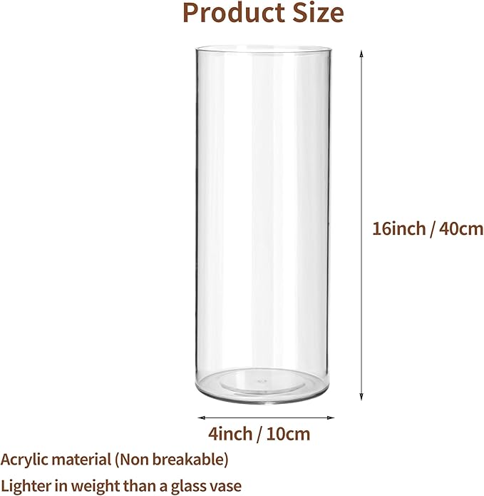 Clear Flower Vase, Non-breakable Vases, 4" W x 16" H, Acrylic Vase, Aesthetic Room Decor Cylindrical Modern Flower Vases for Table Centerpiece, Home Decor, Women Floral Arrangement Gift