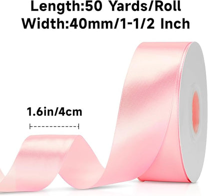 KINGLAKE Pink Satin Ribbon 1 1/2inch x 50 Yards - Polyester Silk Hair Ribbons, Fabric Pink Ribbon for Gift Wrapping, Floral Bouquets, Craft Bow, Wedding Christmas Valentines Day
