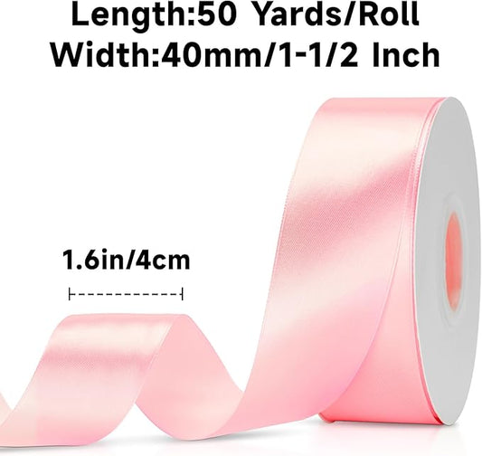 KINGLAKE Pink Satin Ribbon 1 1/2inch x 50 Yards - Polyester Silk Hair Ribbons, Fabric Pink Ribbon for Gift Wrapping, Floral Bouquets, Craft Bow, Wedding Christmas Valentines Day