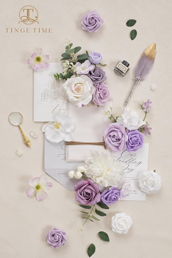 TINGE TIME Artificial Flowers White & Paisley Purple Flower Combo for DIY Wedding Bouquets Table Centerpieces Arrangements Party Baby Shower Home Decorations