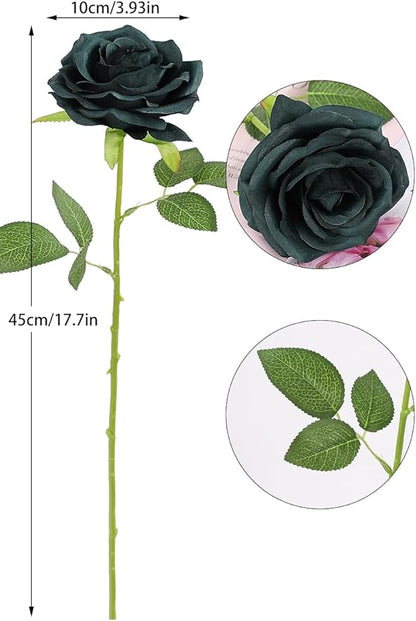 12pcs Artificial Rose Flower Dark Green Rose Emerald Green Flower with Long Stem Silk Roses Bouquet for Wedding Bridal Shower Party Home Decoration