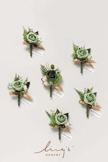 Ling's moment Boutonniere for Men, 6pcs Groom Groomsmen Boutonniere, Artificial Flowers for Wedding Decor/Prom/Homecoming, etc.Green Beige