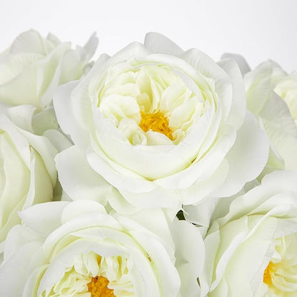 Hollyone White Roses Peonies Artificial Flowers with Glass Vase Silk David Austin Roses Faux Flowers Arrangements with Clear Faux Water in Vase Fake Peonies Rose Peony Floral Bulk Bouquet Home Decor
