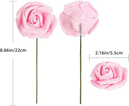 Artificial Flowers Glitter Flowers Foam Roses 30 PCS Pink Roses Foam Flowers Glitter Roses with Stem Fake Flowers for DIY Wedding Bridal Bouquet Party Centerpieces Decor(Pink)