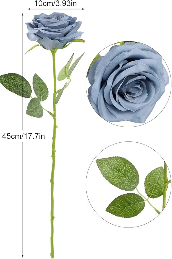 Artificial Rose Flower Dusty Blue Flowers Dusty Blue Roses Silk Flowers 12 pcs with Long Stem Silk Roses Bouquet for Wedding Bridal Shower Party Home Decoration