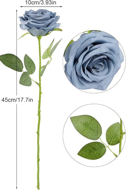 Artificial Rose Flower Dusty Blue Flowers Dusty Blue Roses Silk Flowers 12 pcs with Long Stem Silk Roses Bouquet for Wedding Bridal Shower Party Home Decoration