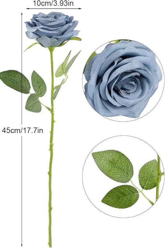 Artificial Rose Flower Dusty Blue Flowers Dusty Blue Roses Silk Flowers 50 pcs with Long Stem Silk Roses Bouquet for Wedding Bridal Shower Party Home Decoration