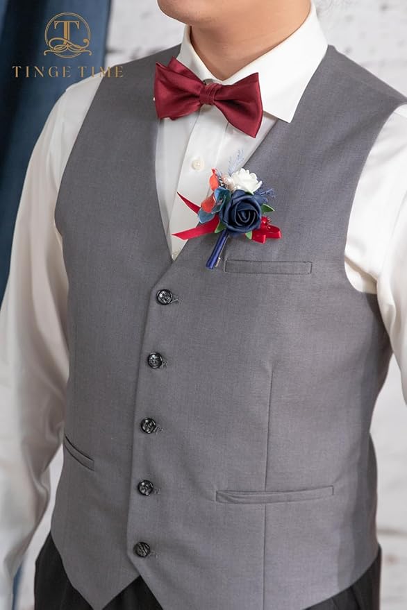 TINGE TIME Boutonniere for Men Wedding,Groom and Best Man Boutonniere for Wedding Ceremony Anniversary, Formal Dinner Party and Rustic Spring Wedding Marriage (10, Red & Navy Blue)