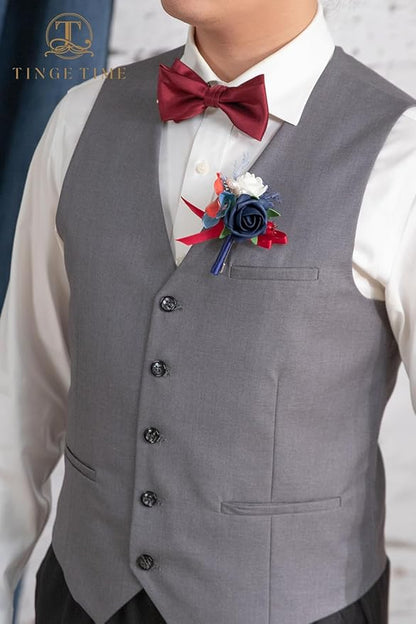 TINGE TIME Boutonniere for Men Wedding,Groom and Best Man Boutonniere for Wedding Ceremony Anniversary, Formal Dinner Party and Rustic Spring Wedding Marriage (10, Red & Navy Blue)