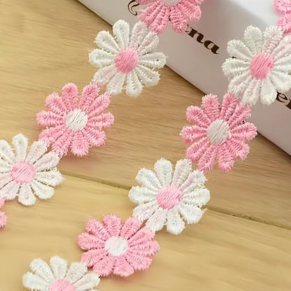 15 Yards Daisy Flower Lace Trim Embroidered Floral Lace Sewing Trim Ribbons for Embellishment Craft Dress Hair Accessories Decorations(White/Pink)