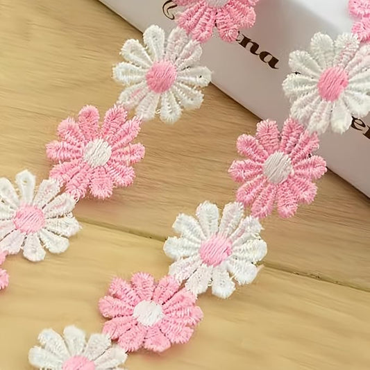 15 Yards Daisy Flower Lace Trim Embroidered Floral Lace Sewing Trim Ribbons for Embellishment Craft Dress Hair Accessories Decorations(White/Pink)