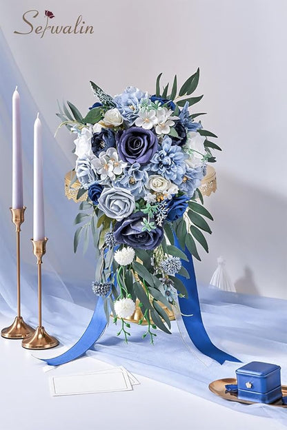 Serwalin 9.8 Inch Wedding Bouquets for Bride Bridesmaid, Dusty Blue Bridal Bouquets for Bride, Wedding Flowers Bouquet Tossing Bouquet, Wedding Ceremony and Anniversary Decoration