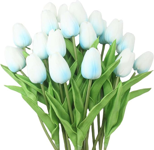 10-Heads Home Decor Mini Tulip Real Touch Tulips Artificial Flowers Bouquets for Home Wedding Party Centerpiece Decoration (Blue)