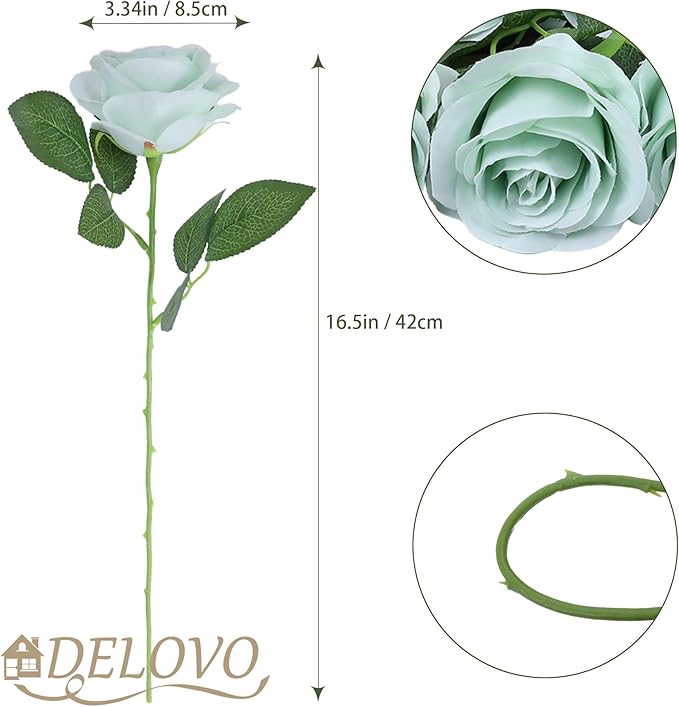 52pcs Sage Green Roses Artificial Flowers Sage Green Fake Flowers Silk Roses with Stems for DIY Wedding Bouquets Bridal Shower Centerpieces Arrangements Party Decorations