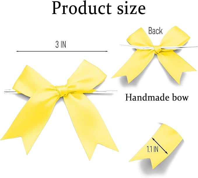 50 Counts Yellow Twist Tie Bows 3.1" Pre-Tied Satin Ribbon Bow Decor Mini Twist Tie Bows for Gift Wrapping Treat Bags Cake Bridal Baby Shower Birthday Party Favors Wedding Decorations