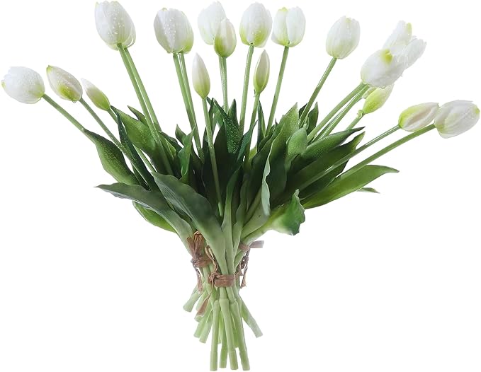 20PCS White Fake Tulips Artificial Flowers Real Touch Latex Faux Tulips UV Resistant Fake Flowers Bouquet for Table Home Decor Party Wedding Garden Decoration