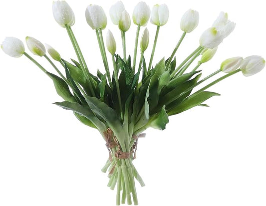 20PCS White Fake Tulips Artificial Flowers Real Touch Latex Faux Tulips UV Resistant Fake Flowers Bouquet for Table Home Decor Party Wedding Garden Decoration