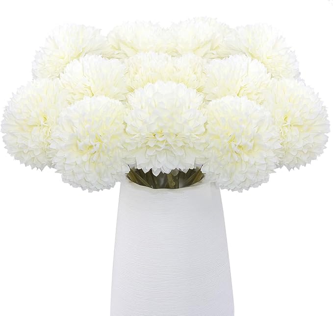 12 Pcs Artificial Chrysanthemums Flowers Silk Ball White Flowers Fake Mums Spring Flowers for Valentine‘s Day Wedding Home Decor (12, White)