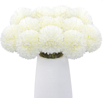 12 Pcs Artificial Chrysanthemums Flowers Silk Ball White Flowers Fake Mums Spring Flowers for Valentine‘s Day Wedding Home Decor (12, White)