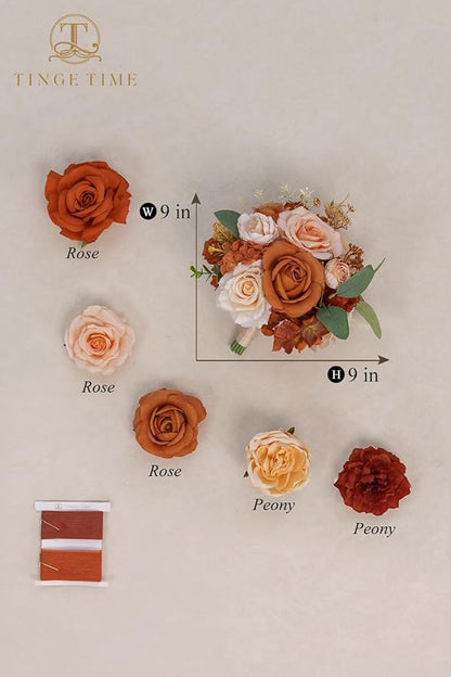 TINGE TIME Artificial 9 Inch Bridal Bouquet, Terracotta Flower Bouquet with Roses for Bride, Bridal Tossing Bouquet for Fall Wedding Ceremony Anniversary Bridal Showers Wedding Church Decoration