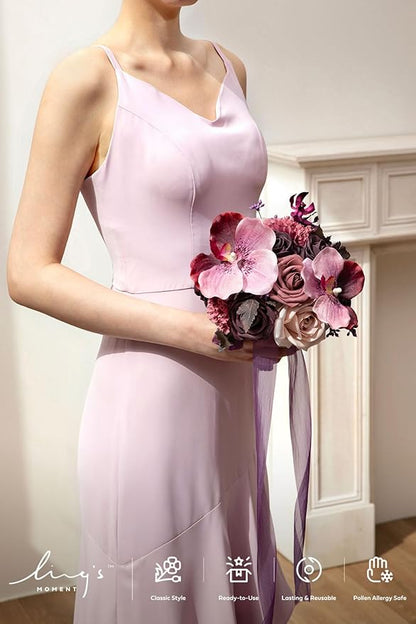 Ling's moment Purple Bridesmaid Bouquet Set of 4, Deep Plum Wedding Bouquets for Bridesmaids, 7 Inch Bridal Bouquets for Bridesmaids, Wedding, Ceremony, Anniversary, etc.