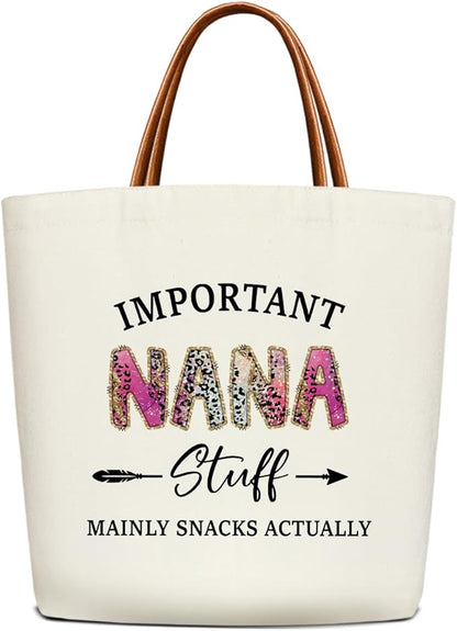 Canvas Tote Bag for Women, Important Stuff Bag with Leather Handle, Reusable Grocery Bags for Shopping Beach Travel