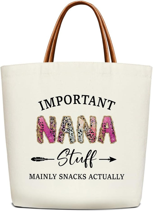 Canvas Tote Bag for Women, Important Stuff Bag with Leather Handle, Reusable Grocery Bags for Shopping Beach Travel
