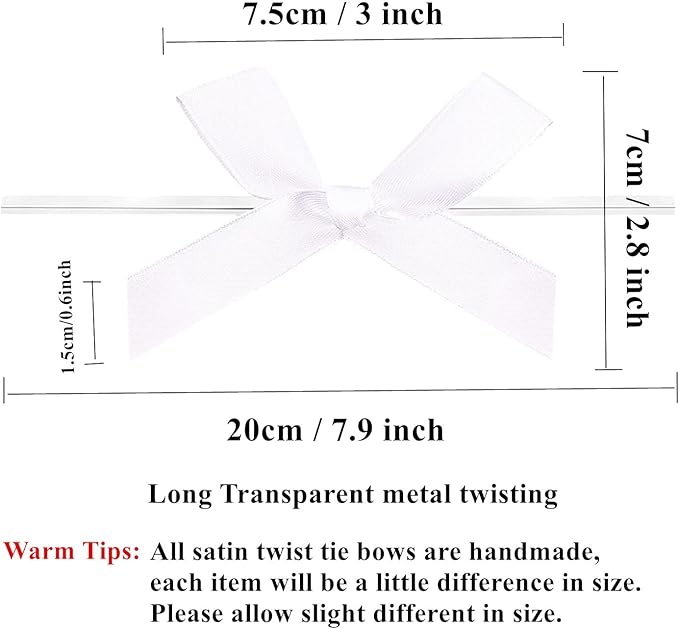 50 Pieces White Bow Twist Ties for Bags, Satin Twist Tie Bows for Cake Pops, Twist Bows for Treats, Pre Tied Bows for Gifts Wrapping, Ribbon Bows, Pretied Bows for Christmas Gift Wrap Bows