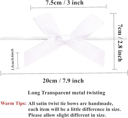 50 Pieces White Bow Twist Ties for Bags, Satin Twist Tie Bows for Cake Pops, Twist Bows for Treats, Pre Tied Bows for Gifts Wrapping, Ribbon Bows, Pretied Bows for Christmas Gift Wrap Bows
