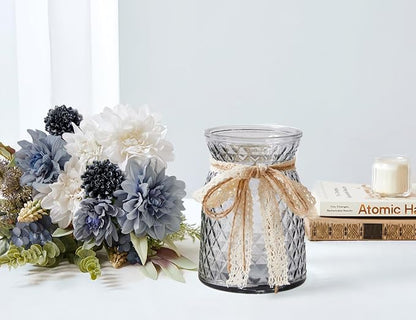 Wracra Artificial Flowers in Vase, Silk Fake Flowers with Vase, Faux Flowers Table Centerpieces for Dining Room, Bathroom Farmhouse Kitchen Coffee Table Decor (White Blue Dahlia,Grey)