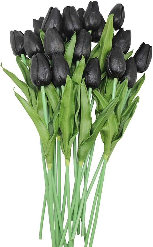 Artificial Flowers 10 Heads Mini Real Touch Artificial Tulip for Home Wedding Party Centerpiece Decoration (Black)