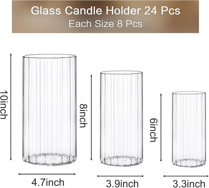 PHOSPHOR 24 Pcs Hurricane Candle Holders for Pillar Candle 6'', 8'', 10'' Tall Glass Cylinder Centerpieces Vases Floral