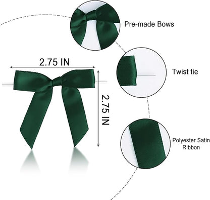 50 PCS Dark Green Twist Tie Bows 2.5" Satin Ribbon Bows Decor for Gift Wrapping Craft Treat Bags Cake Pop Basket, Wedding Baby Shower Birthday Party Favors