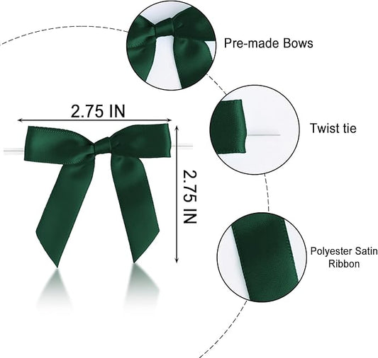 50 PCS Dark Green Twist Tie Bows 2.5" Satin Ribbon Bows Decor for Gift Wrapping Craft Treat Bags Cake Pop Basket, Wedding Baby Shower Birthday Party Favors