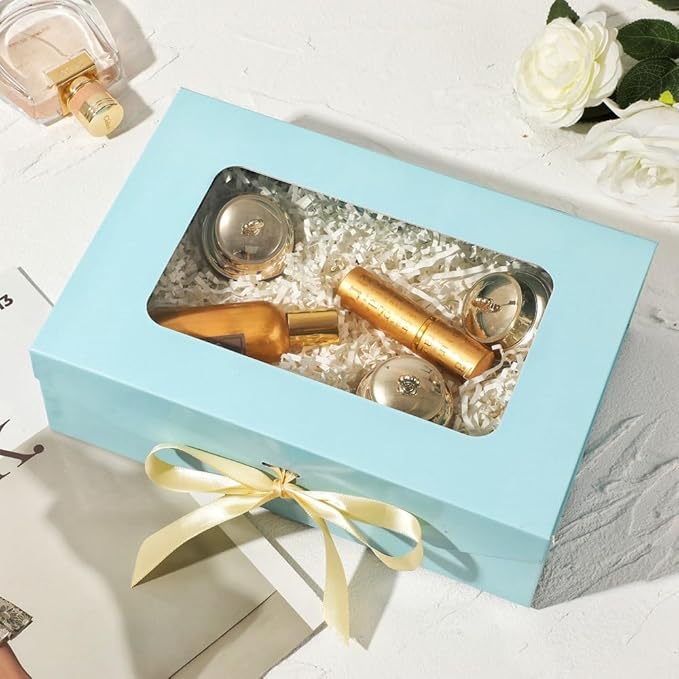 Blue Gift Box for Presents with Ribbon 10.8x7.5x3.5 Inches Clear Gift Box with Window Magnetic Closure Gift Boxes with Lids