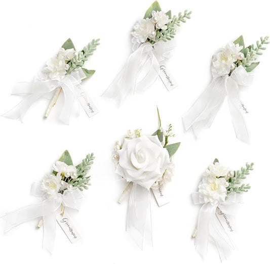 Ling's moment Boutonniere for Men, 6pcs Groom Groomsmen Boutonniere, Artificial Flowers for Wedding Decor/Prom/Homecoming, etc.Snow White