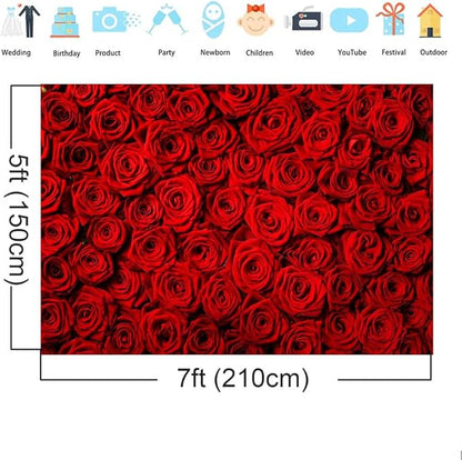 Red Rose Backdrop Flowers Rose Wall Photo Background Valentine's Day Backdrop Wedding Bridal Shower Photo Booth Mother's Day Birthday Party Dessert Table Banner Lovers Portraits Props 7x5ft