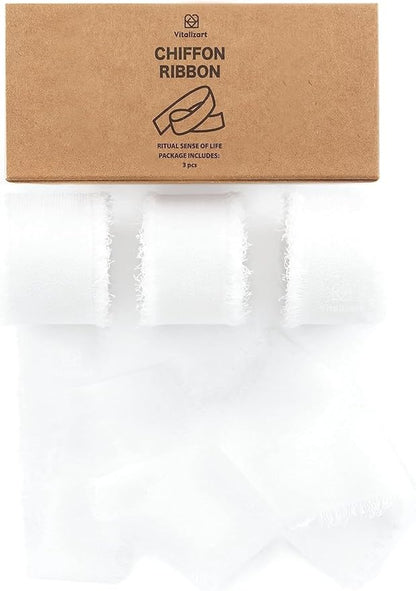 Vitalizart White Chiffon Silk Ribbon 1" x 21 Yd Fringe Fabric Package (3 Rolls * 7 Yd) for Wedding Invitations Bridal Bouquets Decorations Gifts Wrapping & Bow Making Off White