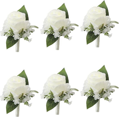 Meldel White Boutonniere for Men Wedding,Set of 6,Groomsmen Groom and Best Man Boutonniere for Wedding Prom, Rose Boutonniere for Men Wedding Ceremony Anniversary Party Homecoming