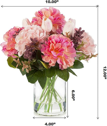 ENOVA FLORAL Tulip Real Touch Artificial Flower Arrangement with Vase, Mixed Dahlia Silk Flower in Vase for Dining Table Decorations, Wedding Centerpiece (Pink)