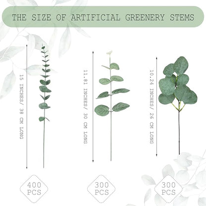 Giegxin 1000 Pcs 3 Kinds Mixed Eucalyptus Leaves Stems Bulk Artificial Silver Dollar Leaves Picks Dried Eucalyptus Bundle Faux Spray for Wedding Vase Bouquet Floral Arrangement (Green)