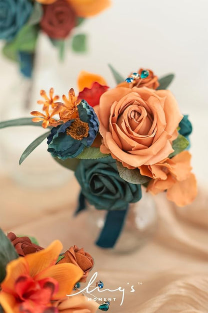 Ling's moment Artificial Flowers 16pcs Burnt Orange Silk Roses Real Looking 3.5" Fake Terracotta Roses Bulk with Stems for DIY Fall Wedding Bouquets Centerpieces Party Baby Shower Home Decoration