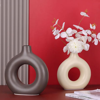 Brown and Cream Vase Decor Donut Vase Set of 2 - Circle Hollow Vases, Modern Matte Ceramic Vases for Entryway Living Room Bedroom Dining Table Centerpiece Office Home Decor