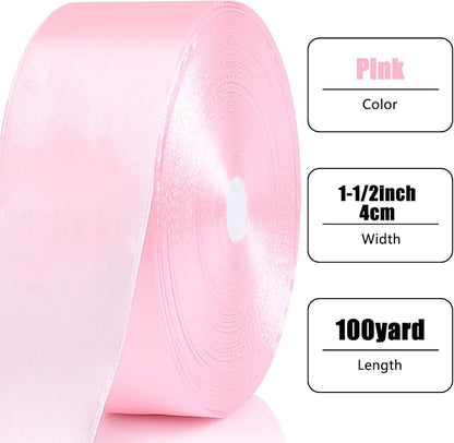 NESCCI 100 Yards Ribbon,1-1/2 Inch Pink Satin Ribbon,Single Face Satin Ribbons,Perfect for Gift Wrapping,Wedding Decoration,Handmade Bows, Wrapping Bouquet and More