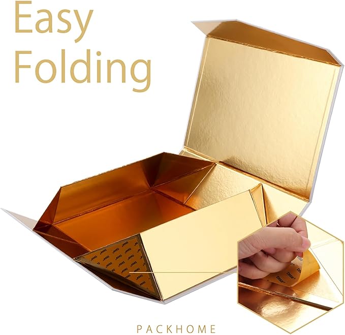 PACKHOME Large Christmas Gift Box 13.5x9x4.1 Inches, Sturdy Collapsible Gift Box with Magnetic Closure Lid (Gold Snowflake Pattern)