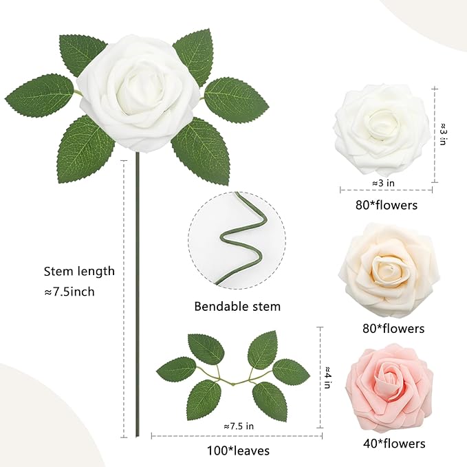 200PCS Artificial Flowers Champagne Mixed Series Roses Real Looking Foam Fake Roses with Leaves for DIY Wedding Bouquets Bridal Shower Centerpieces Party Decorations