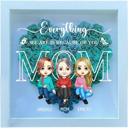 Personalized Mom Flower Shadow Box Custom Heart Shaped Rose Flower Shadow Box Frame Everything We Are Is Because Of You Mother's Day Portrait Shadowbox Memory Gifts for Mom from Daughter